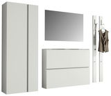 Garderobenset 220cm in Weiß, bestehend aus einem hohen Schrank, einem Spiegel, einer Kommode und zwei Wandpaneelen mit Haken, frontal betrachtet.