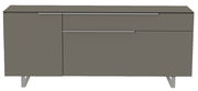 Modernes TV-Lowboard in grauer Farbe, frontale Ansicht mit zwei Türen und einem Schubfach, auf Metallfüßen stehend.