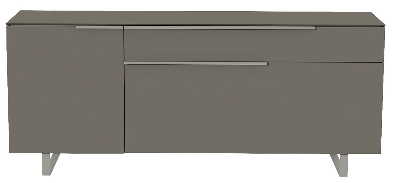 Modernes TV-Lowboard in grauer Farbe, frontale Ansicht mit zwei Türen und einem Schubfach, auf Metallfüßen stehend.