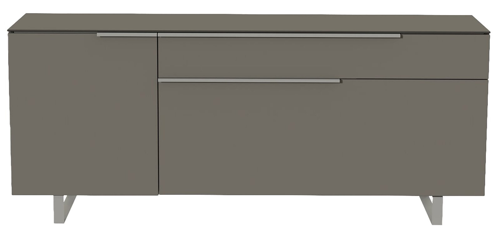 Modernes TV-Lowboard in grauer Farbe, frontale Ansicht mit zwei Türen und einem Schubfach, auf Metallfüßen stehend.