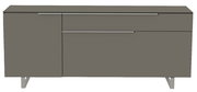 Modernes TV-Lowboard in grauer Farbe, frontale Ansicht mit zwei Türen und einem Schubfach, auf Metallfüßen stehend.