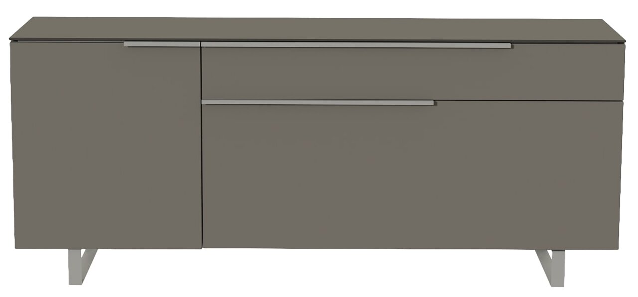 Modern tv-lowboard in grijze kleur, vooraanzicht met twee deuren en een lade, staand op metalen poten.