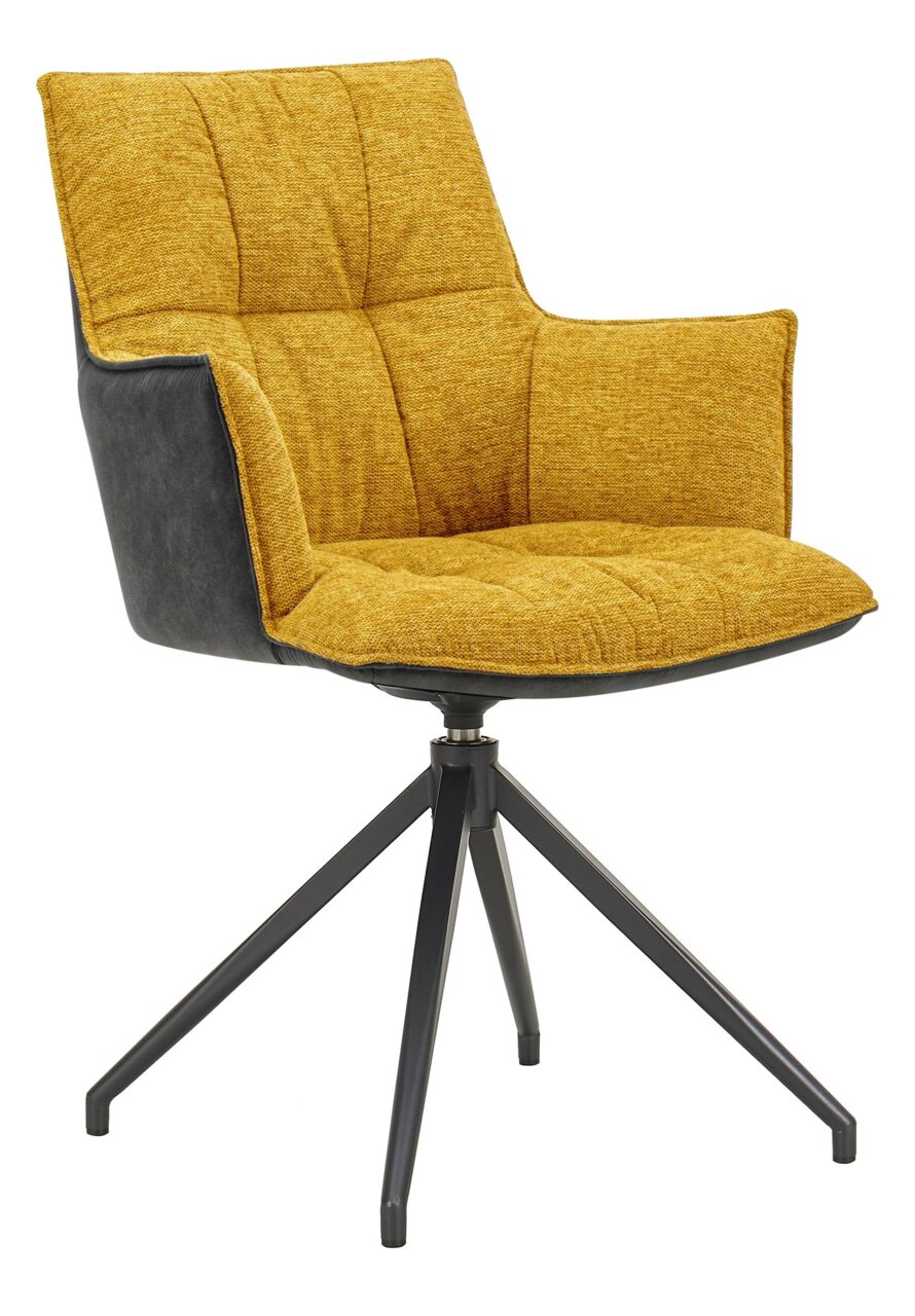 Novel Fauteuil OSAKA 2.0 Moderner Sessel mit gelbem Stoffbezug und schwarzem Metallgestell, seitliche Perspektive