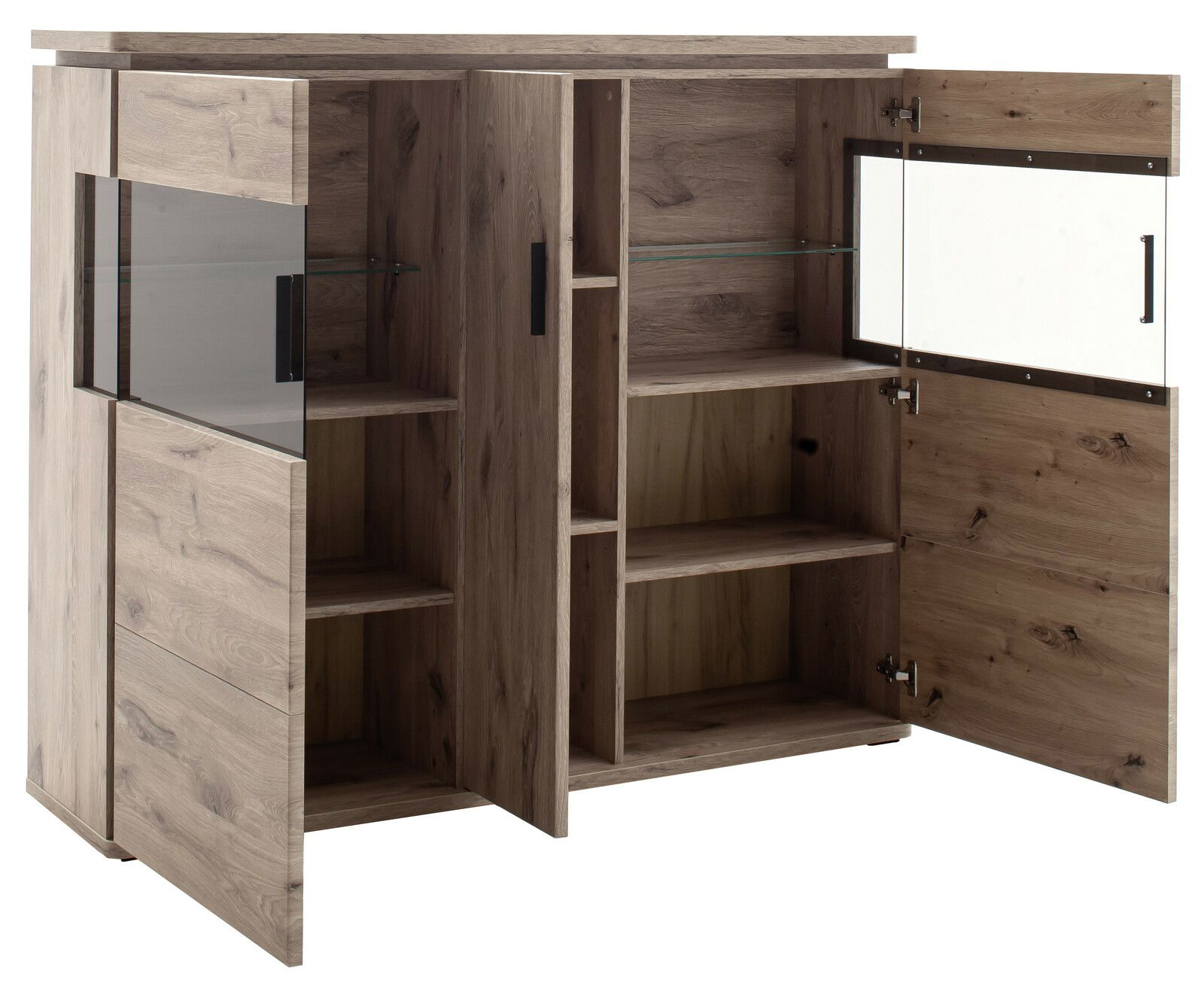 Geöffnetes Highboard MODENA aus Holz mit mehreren Fächern und Glaseinsätzen, Perspektive von vorne links