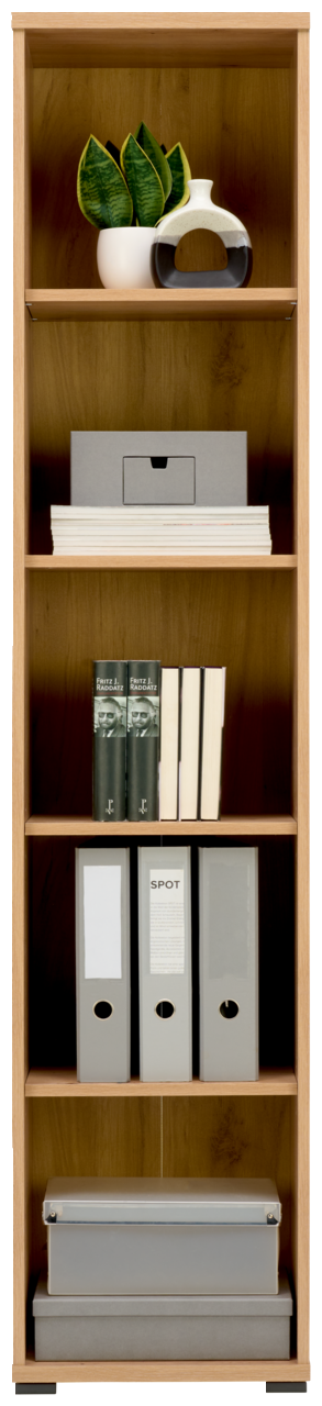 Ein hohes, schmales Regal aus Holz mit fünf Fächern, gefüllt mit Büchern, Ordnern und Dekorationsgegenständen. Frontalansicht.