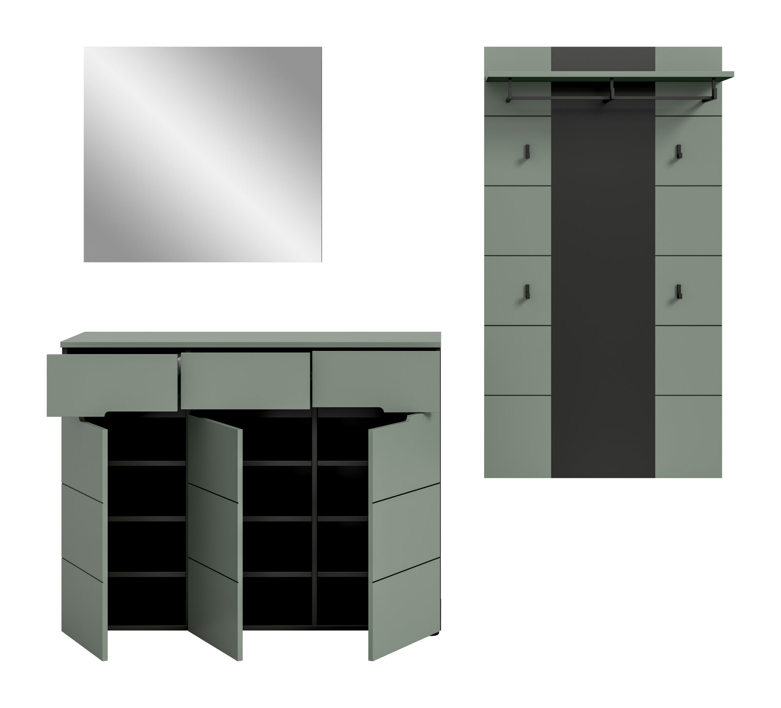 Modernes Flurmöbel-Set in Salbeigrün und Schwarz mit Spiegel, Garderobenpaneel mit Ablage und Haken sowie Schuhschrank mit geöffneten Türen und Regalfächern; Ansicht frontal, teils mit geöffneter Front