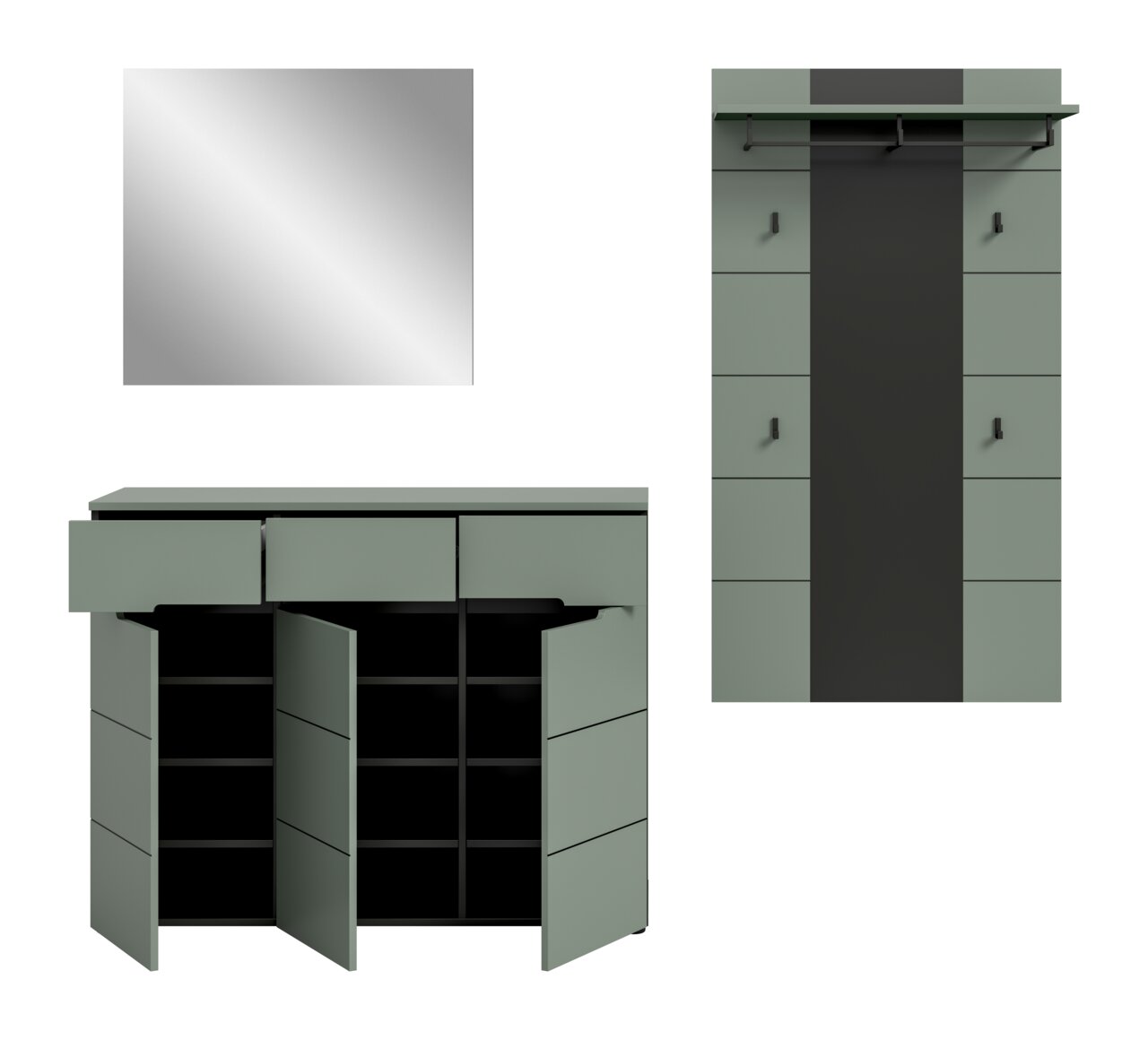 Modernes Flurmöbel-Set in Salbeigrün und Schwarz mit Spiegel, Garderobenpaneel mit Ablage und Haken sowie Schuhschrank mit geöffneten Türen und Regalfächern; Ansicht frontal, teils mit geöffneter Front