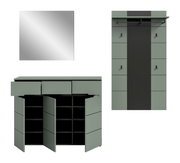 Modernes Flurmöbel-Set in Salbeigrün und Schwarz mit Spiegel, Garderobenpaneel mit Ablage und Haken sowie Schuhschrank mit geöffneten Türen und Regalfächern; Ansicht frontal, teils mit geöffneter Front