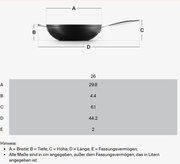 Seitenansicht einer Brat- und Servierpfanne mit 26 cm Durchmesser, 29,8 cm Breite, 4,4 cm Tiefe, 6,1 cm Höhe und 44,2 cm Länge, Fassungsvermögen 2 Liter.