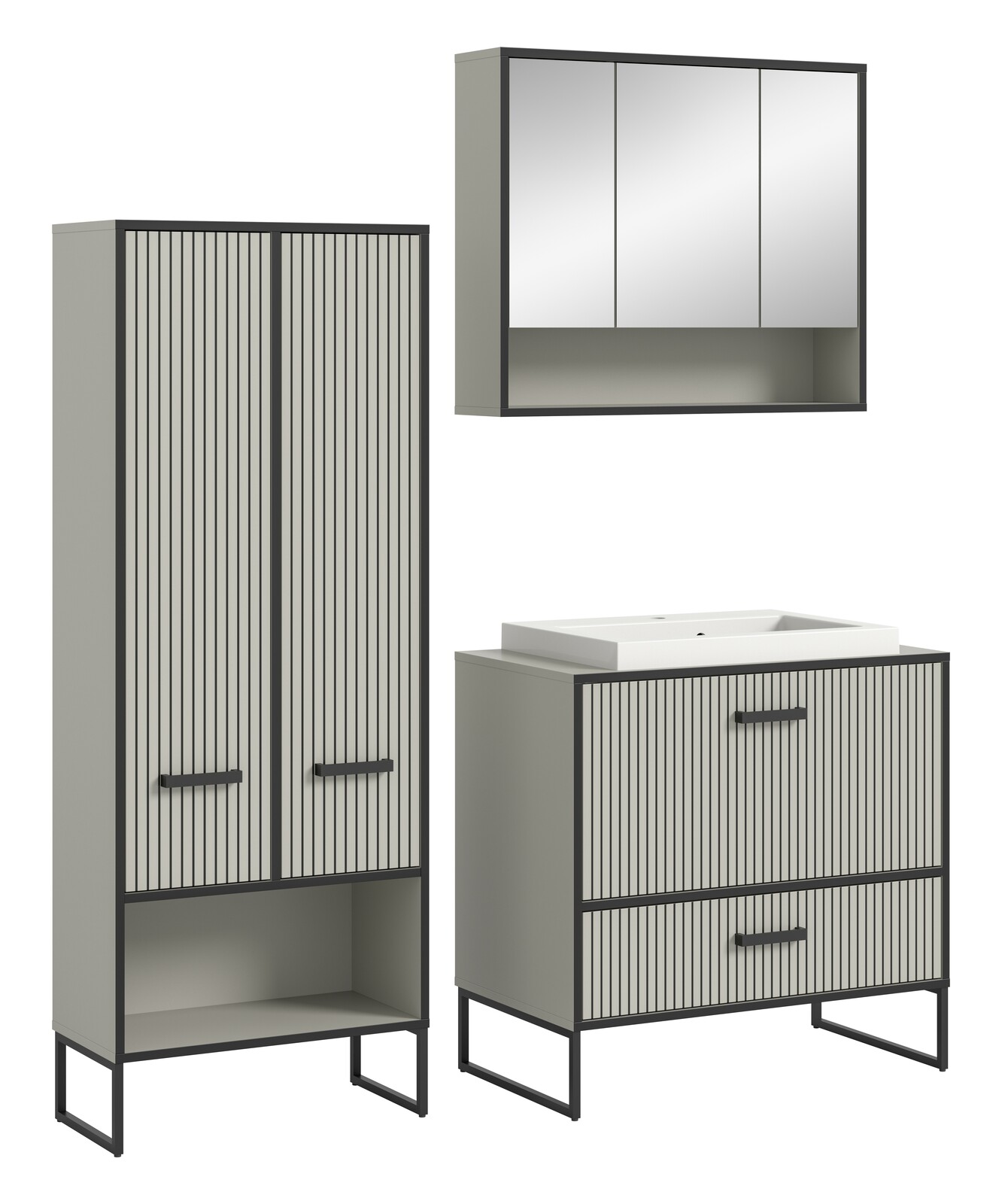 MID.YOU Badkombination BAGNO Moderne Badkombination mit vertikalen Streifen, bestehend aus einem hohen Schrank, einem Waschbeckenunterschrank und einem Spiegelschrank, aus seitlicher Perspektive.