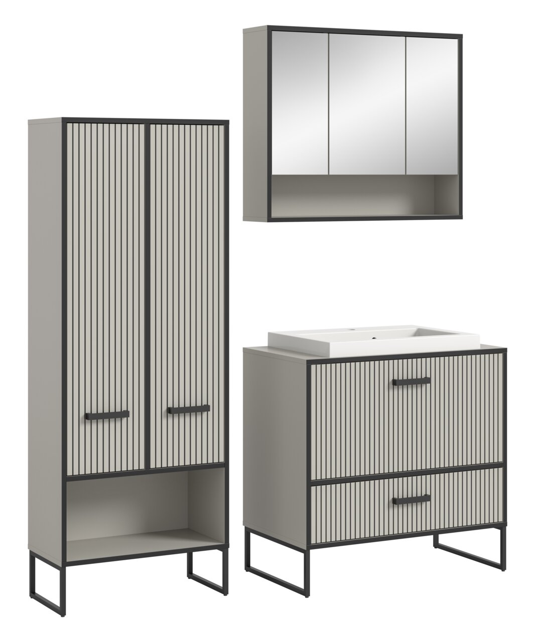 MID.YOU Badkombination BAGNO Moderne Badkombination mit vertikalen Streifen, bestehend aus einem hohen Schrank, einem Waschbeckenunterschrank und einem Spiegelschrank, aus seitlicher Perspektive.
