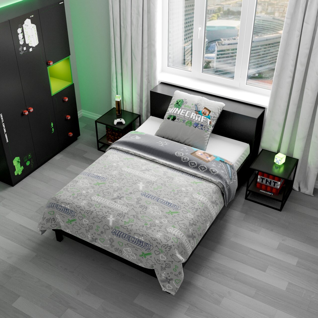 Minecraft Bettwäsche-Set in Grau mit Steve- und Creeper-Motiv auf Einzelbett, fotografiert aus schräger Vogelperspektive im Kinderzimmer
