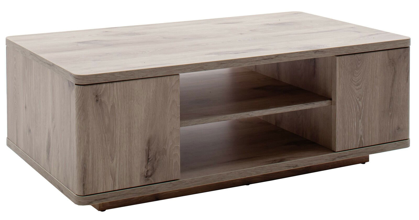 Moderner Couchtisch aus Holz mit zwei offenen Ablagefächern, seitliche Perspektive