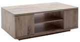 Moderner Couchtisch aus Holz mit zwei offenen Ablagefächern, seitliche Perspektive