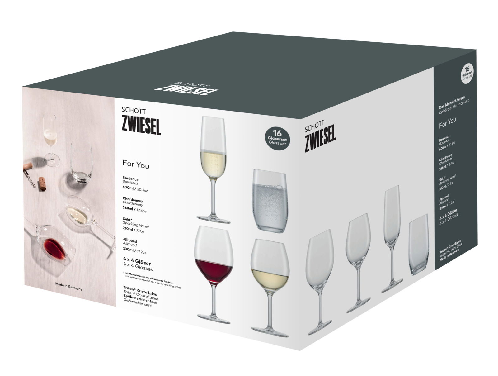 Verpackung des 16-teiligen Glasset For You von Schott Zwiesel, mit verschiedenen Gläsern für Bordeaux, Chardonnay, Sekt und Allround, aus Tritan-Kristallglas, spülmaschinenfest. Perspektive: schräg von vorne.