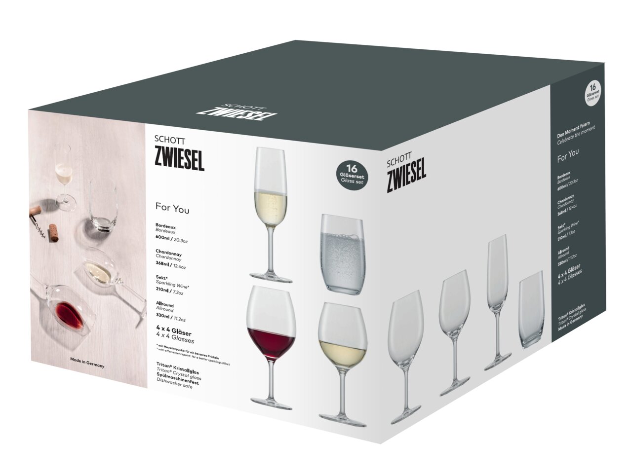 Verpakking van de 16-delige glazenset „For You“ van Schott Zwiesel, met verschillende glazen voor Bordeaux, Chardonnay, mousserende wijn en allround, gemaakt van Tritan-kristalglas, vaatwasmachinebestendig. Perspectief: schuin van voren.