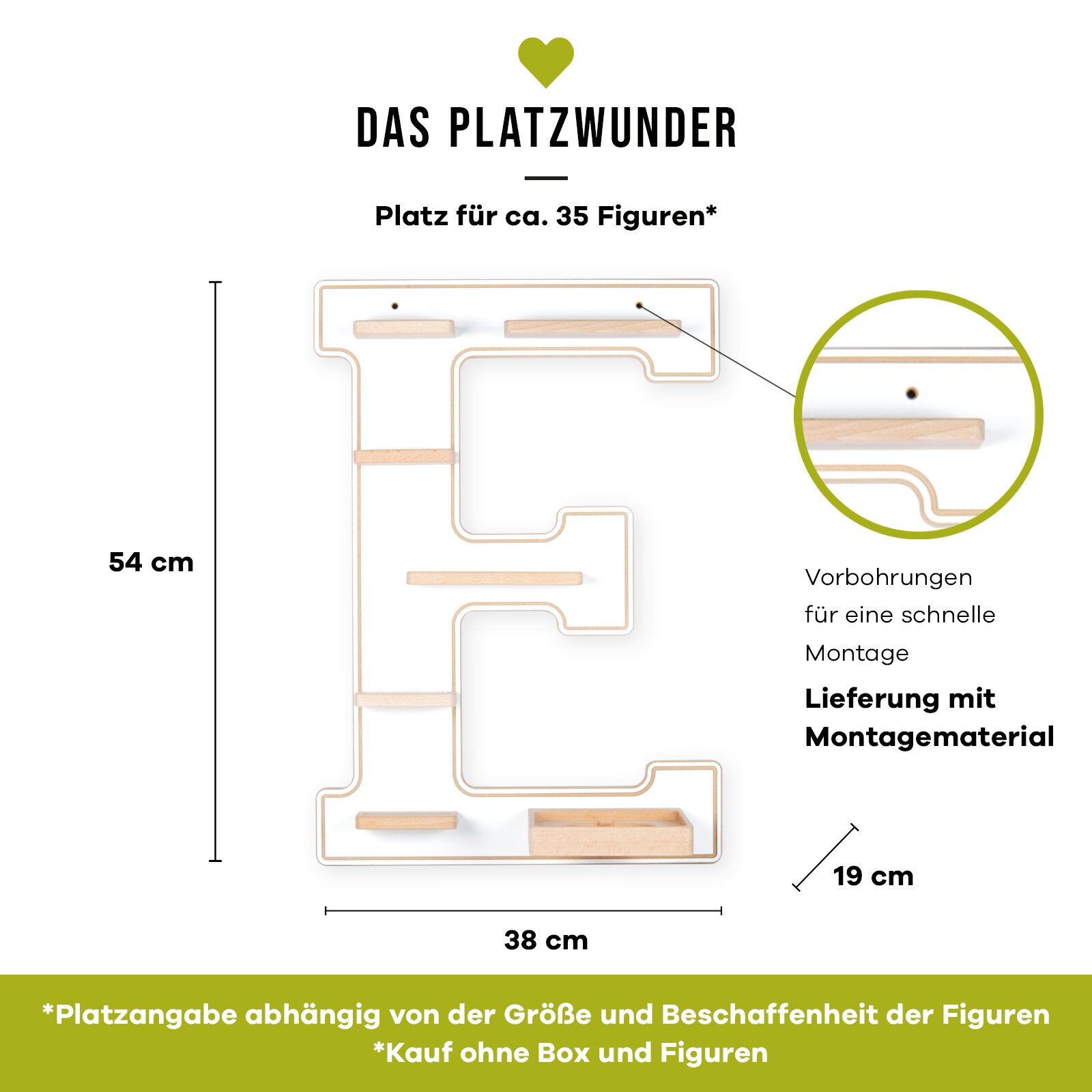 Wandregal in Form des Buchstabens E („Das Platzwunder“) mit mehreren Holzablagen und kleiner Box, ca. 54 x 38 x 19 cm, Vorderansicht mit Maßangaben sowie Detail zu Vorbohrungen und Montagematerial auf weißem Hintergrund