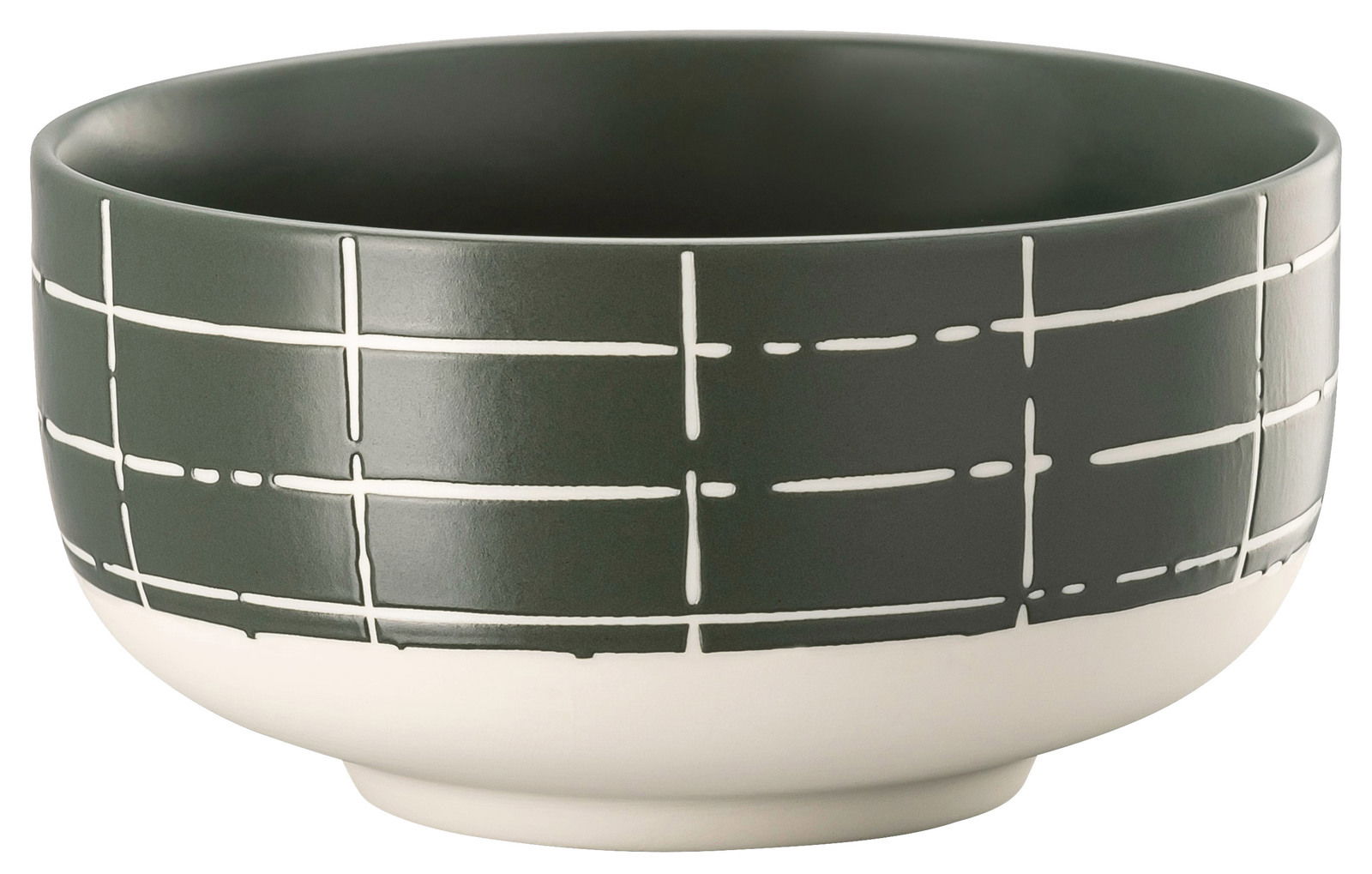 Müslischale 13 cm mit modernem, geometrischem Muster in dunklem Grau und Weiß, seitliche Perspektive
