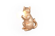Goldene Tischleuchte in Form einer sitzenden Katze, die eine leuchtende Kugel hält, seitliche Perspektive.