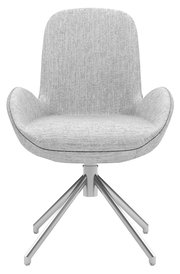 Moderner Armlehnstuhl mit hellgrauem Stoffbezug und Metallgestell, Frontalansicht