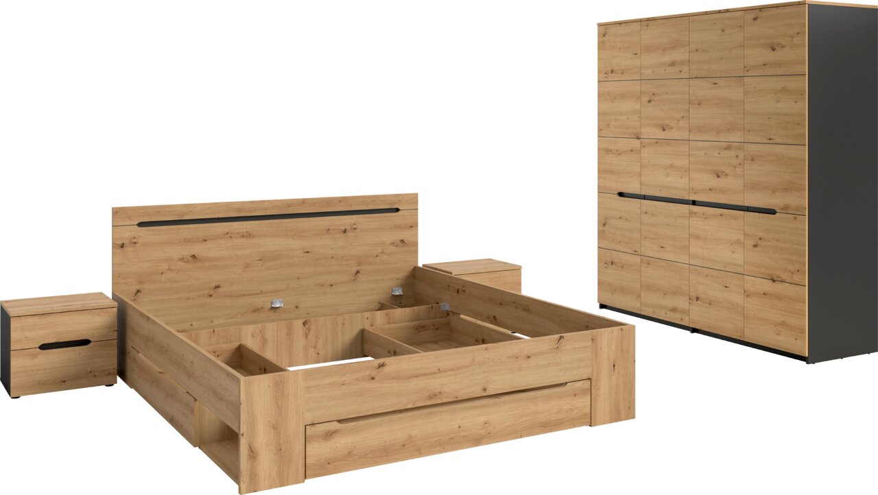 MID.YOU Schlafzimmer-Set CANU Schlafzimmermöbel-Set in Eiche-Optik mit Bettgestell (ohne Matratze) und zwei Nachttischen sowie großem Kleiderschrank mit schwarzen Griffleisten, gezeigt in schräger Frontansicht