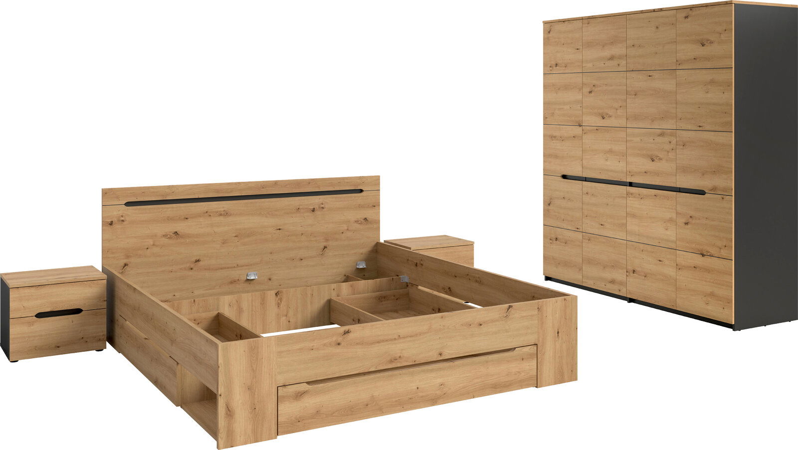 Schlafzimmermöbel-Set in Eiche-Optik mit Bettgestell (ohne Matratze) und zwei Nachttischen sowie großem Kleiderschrank mit schwarzen Griffleisten, gezeigt in schräger Frontansicht