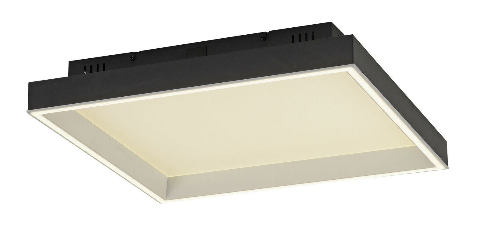 Moderne quadratische Deckenleuchte in Schwarz und Weiß, seitliche Perspektive