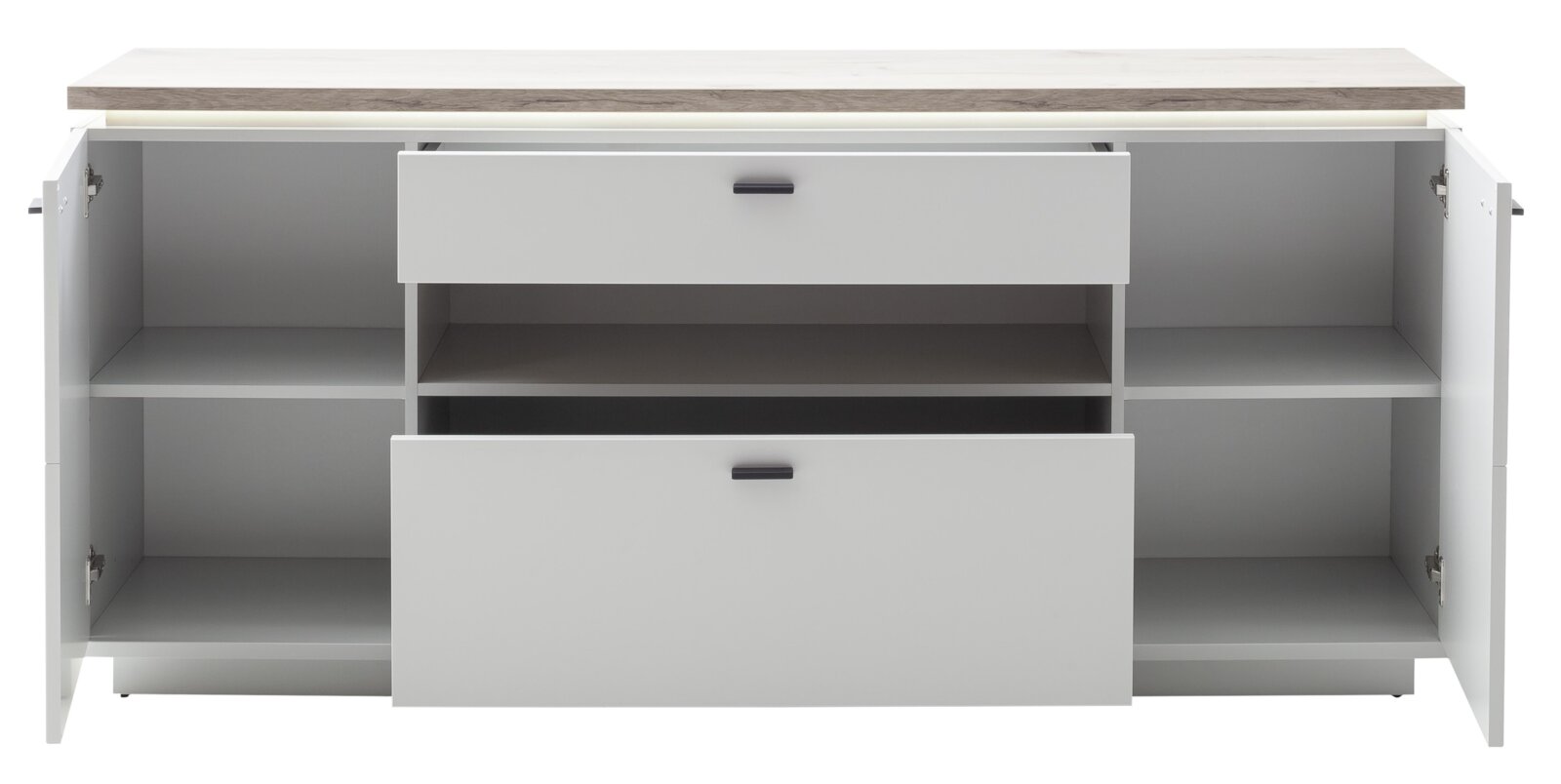 Weißes Sideboard mit Holzoptik-Oberplatte, geöffneten Türen und zwei herausgezogenen Schubladen, Innenfächer sichtbar; Frontansicht.