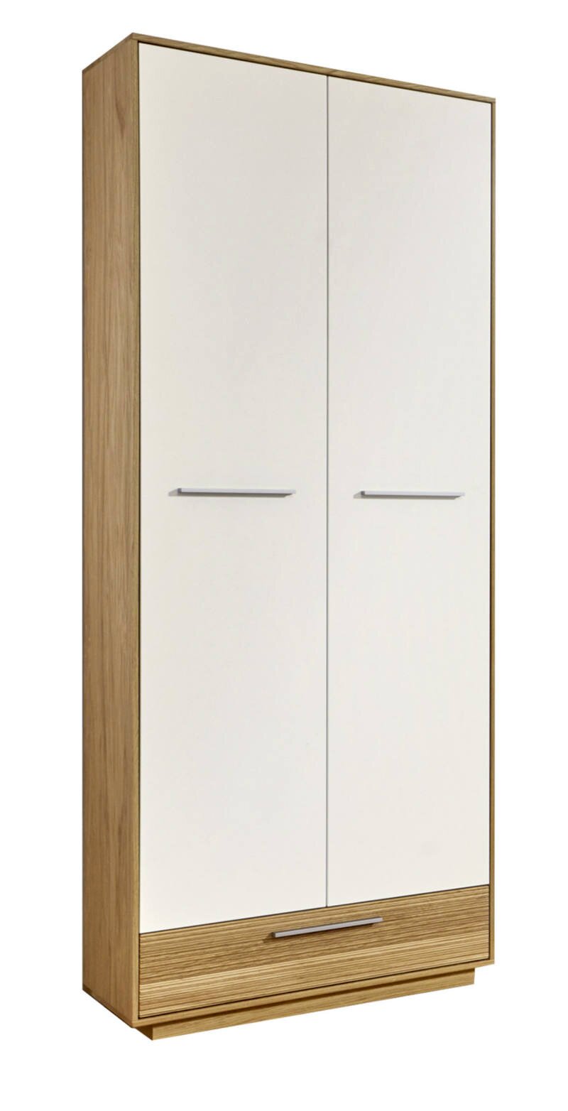 Zweitüriger Kleiderschrank in Holzoptik mit weißen Fronten und Metallgriffen, mit unterer Schublade, freigestellt auf weißem Hintergrund, perspektivische Ansicht schräg von vorne