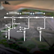 Diagramm eines Bodenspikes-Extensionsets mit drei Einheiten, die in einer Linie angeordnet sind. Jede Einheit hat eine Länge von 1000 mm und ist mit einem Erdspieß ausgestattet. Die Perspektive zeigt eine schematische Darstellung von oben.