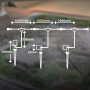 Diagramm eines Bodenspikes-Extensionsets mit drei Einheiten, die in einer Linie angeordnet sind. Jede Einheit hat eine Länge von 1000 mm und ist mit einem Erdspieß ausgestattet. Die Perspektive zeigt eine schematische Darstellung von oben.