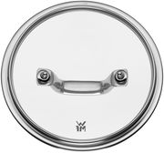 Top-Down-Ansicht eines WMF Topfdeckels aus Edelstahl mit Griff und Logo.
