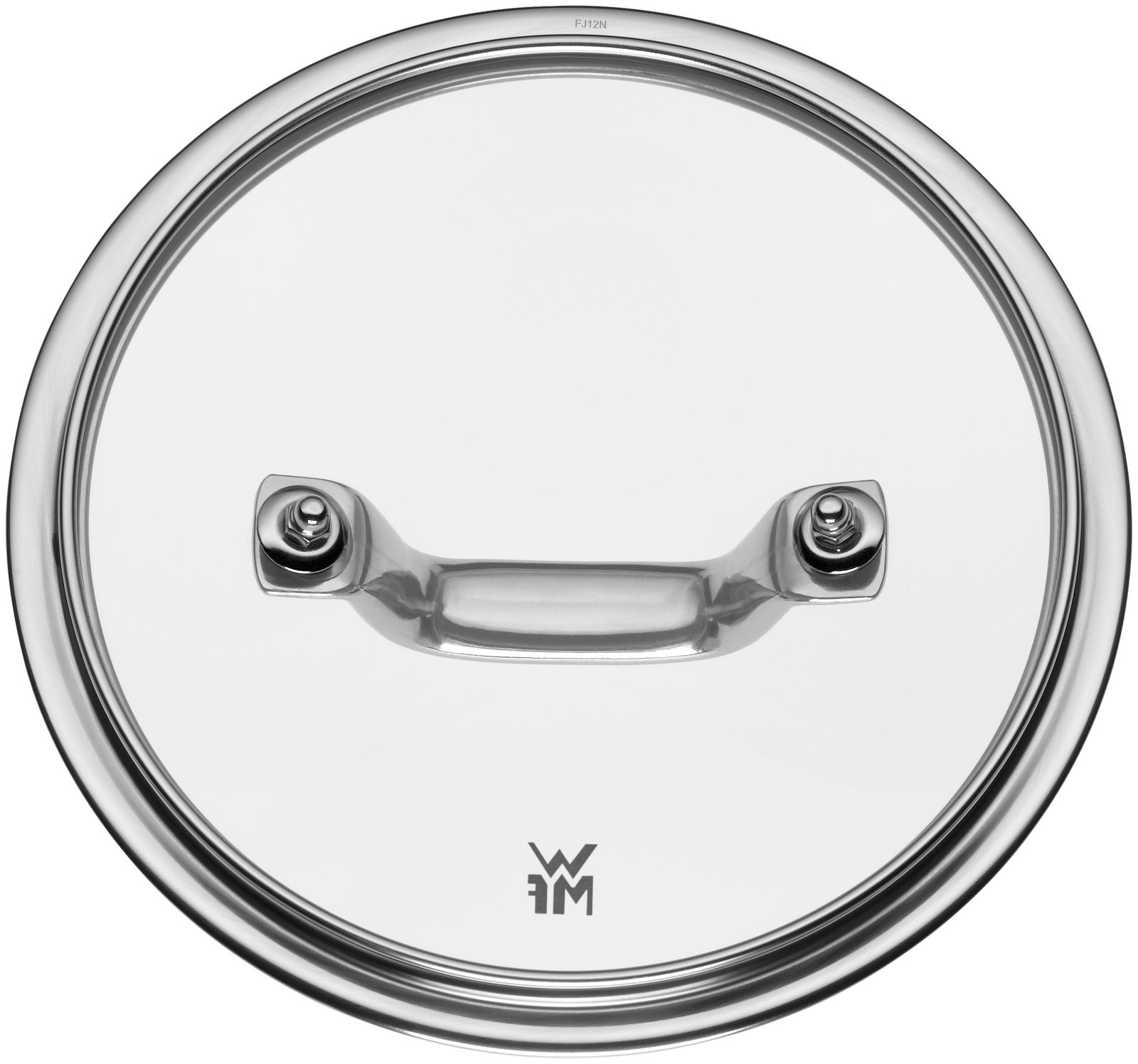 Top-Down-Ansicht eines WMF Topfdeckels aus Edelstahl mit Griff und Logo.