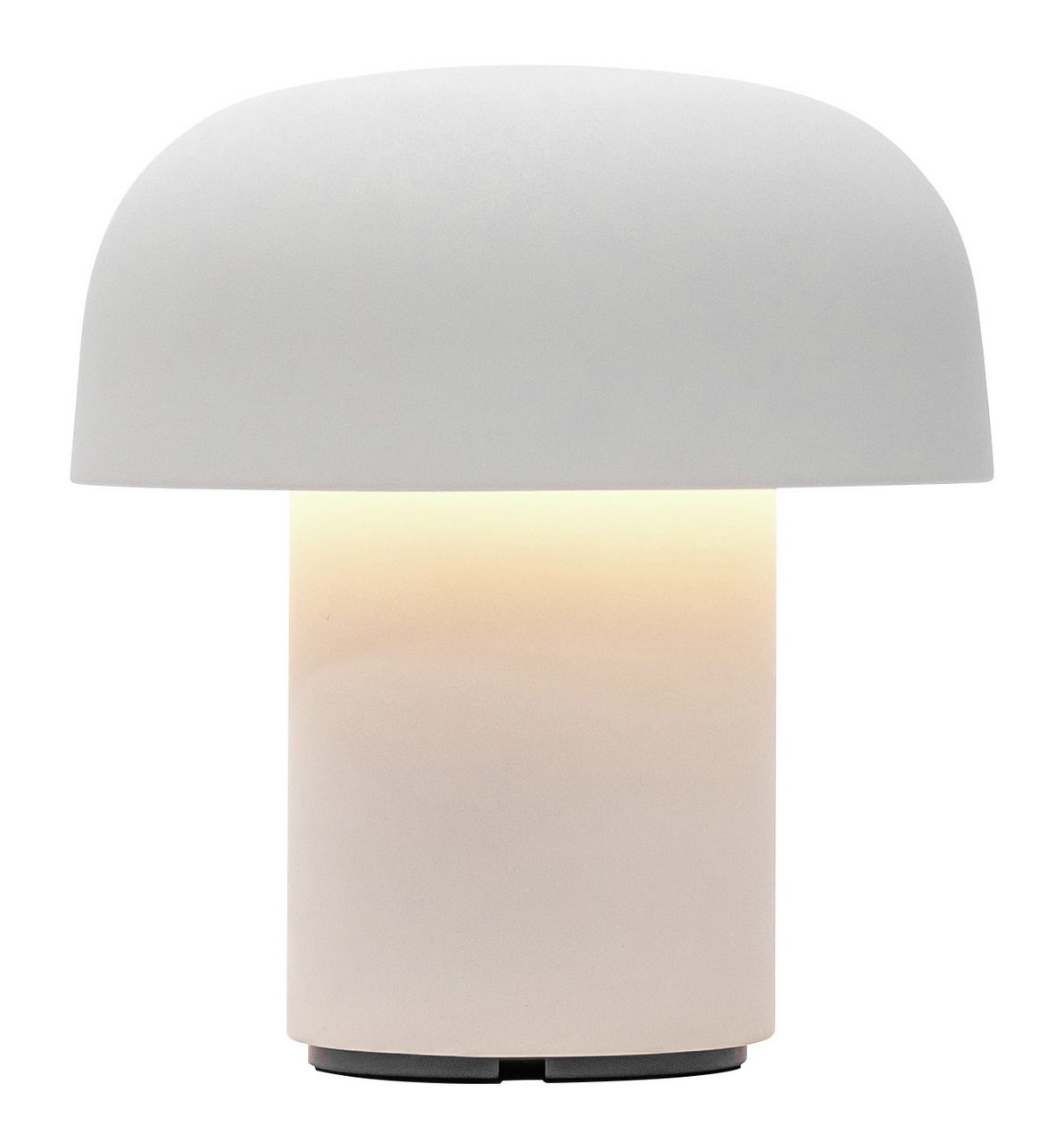 kooduu AKKU-Tischleuchte &JBL-Speaker SENSA PLAY MINI JBL Moderne, weiße Akku-Tischleuchte mit rundem Schirm, frontal betrachtet.