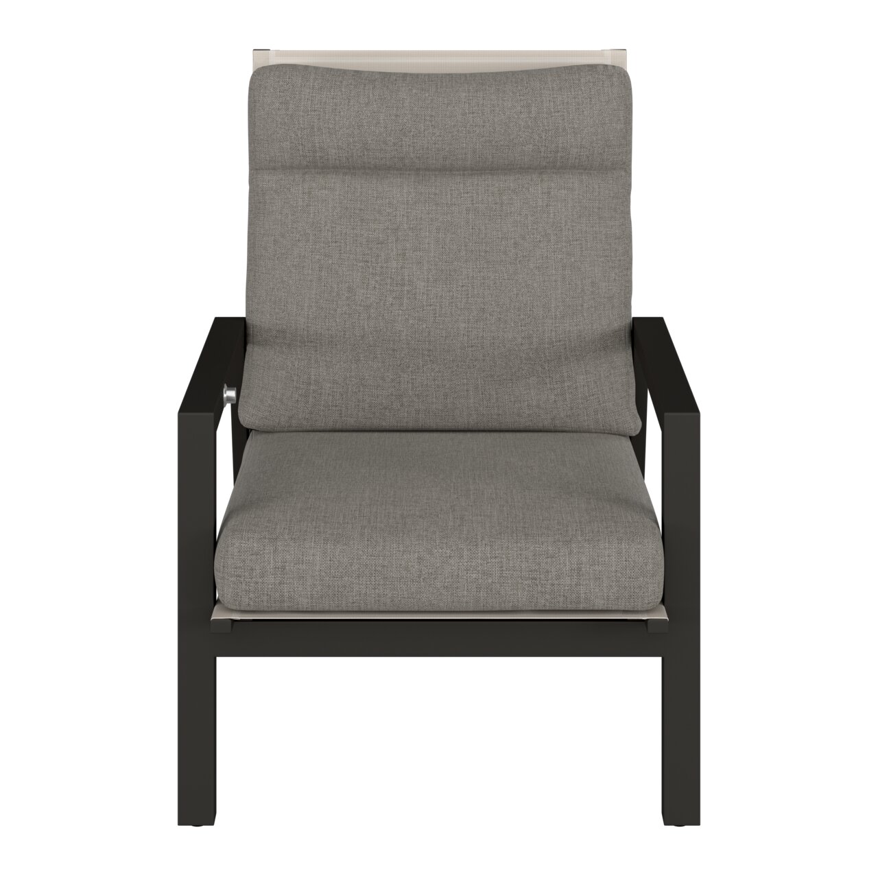 Moderner Gartensessel mit grauem Polster und schwarzem Metallrahmen, Frontalansicht