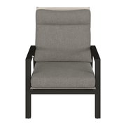 Moderner Gartensessel mit grauem Polster und schwarzem Metallrahmen, Frontalansicht