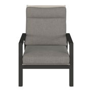 Moderner Gartensessel mit grauem Polster und schwarzem Metallrahmen, Frontalansicht