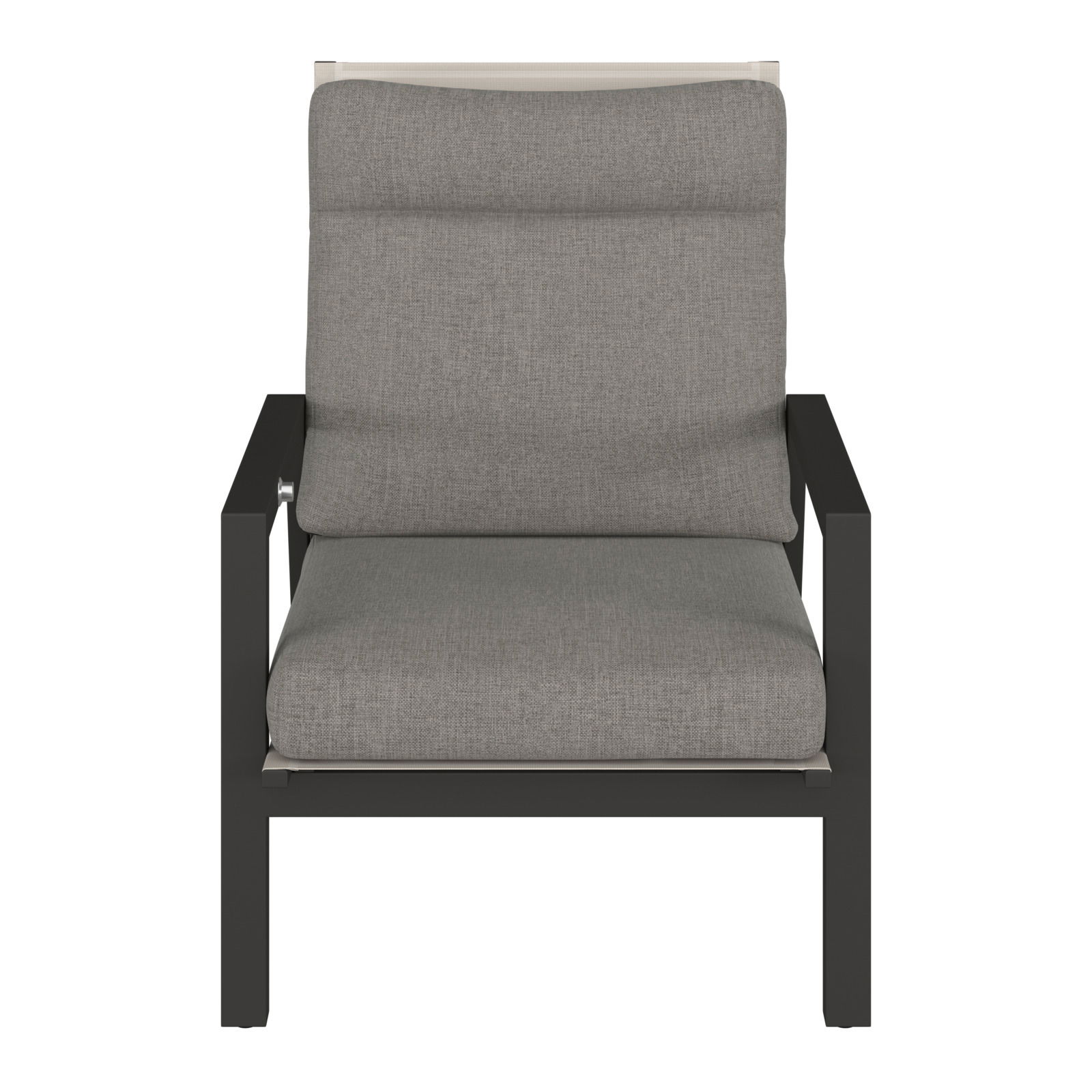 Moderner Gartensessel mit grauem Polster und schwarzem Metallrahmen, Frontalansicht