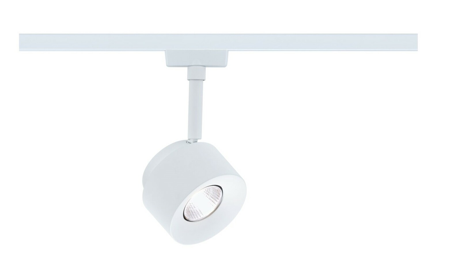 Weißer Schienenspot Pane, seitliche Perspektive, montiert an einer Schiene