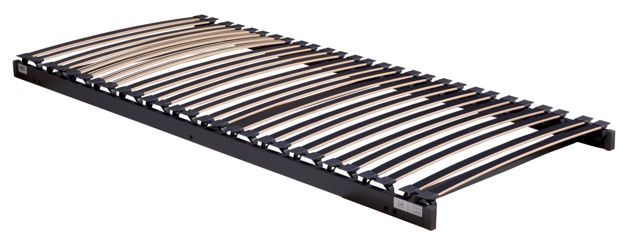Tempur Systemrahmen 80x210 FORM SYSTEMRAHMEN 500 Lattenrost in seitlicher Perspektive, bestehend aus gebogenen Holzlatten in einem stabilen Rahmen.
