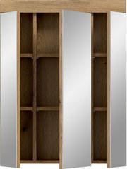 Offener Kleiderschrank in Holzoptik mit drei Spiegeltüren und Innenfächern, Frontansicht