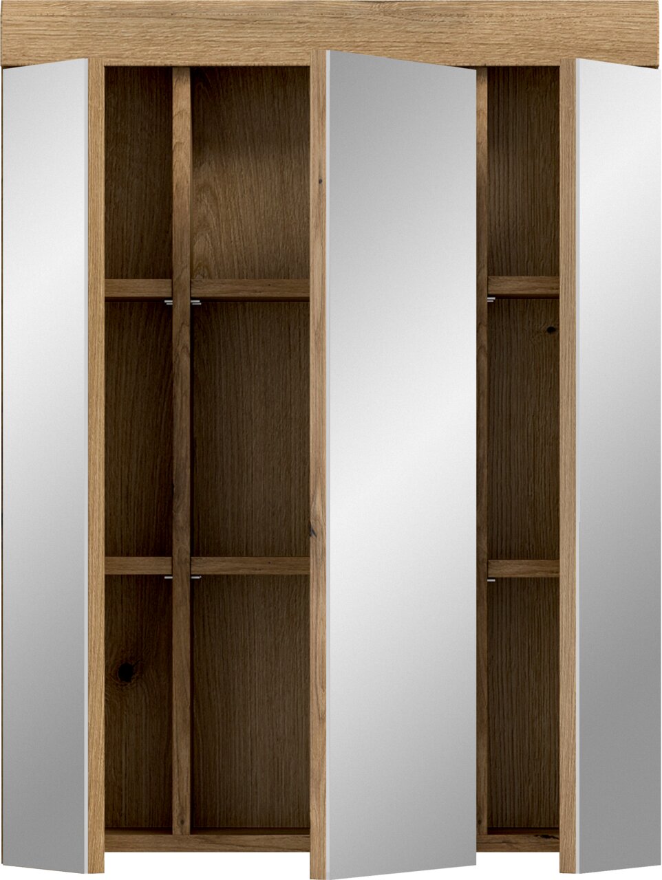 Offener Kleiderschrank in Holzoptik mit drei Spiegeltüren und Innenfächern, Frontansicht