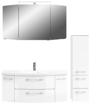 Moderne Badkombination in Weiß mit Spiegelschrank, Waschbeckenunterschrank und hohem Schrank, frontal abgebildet.