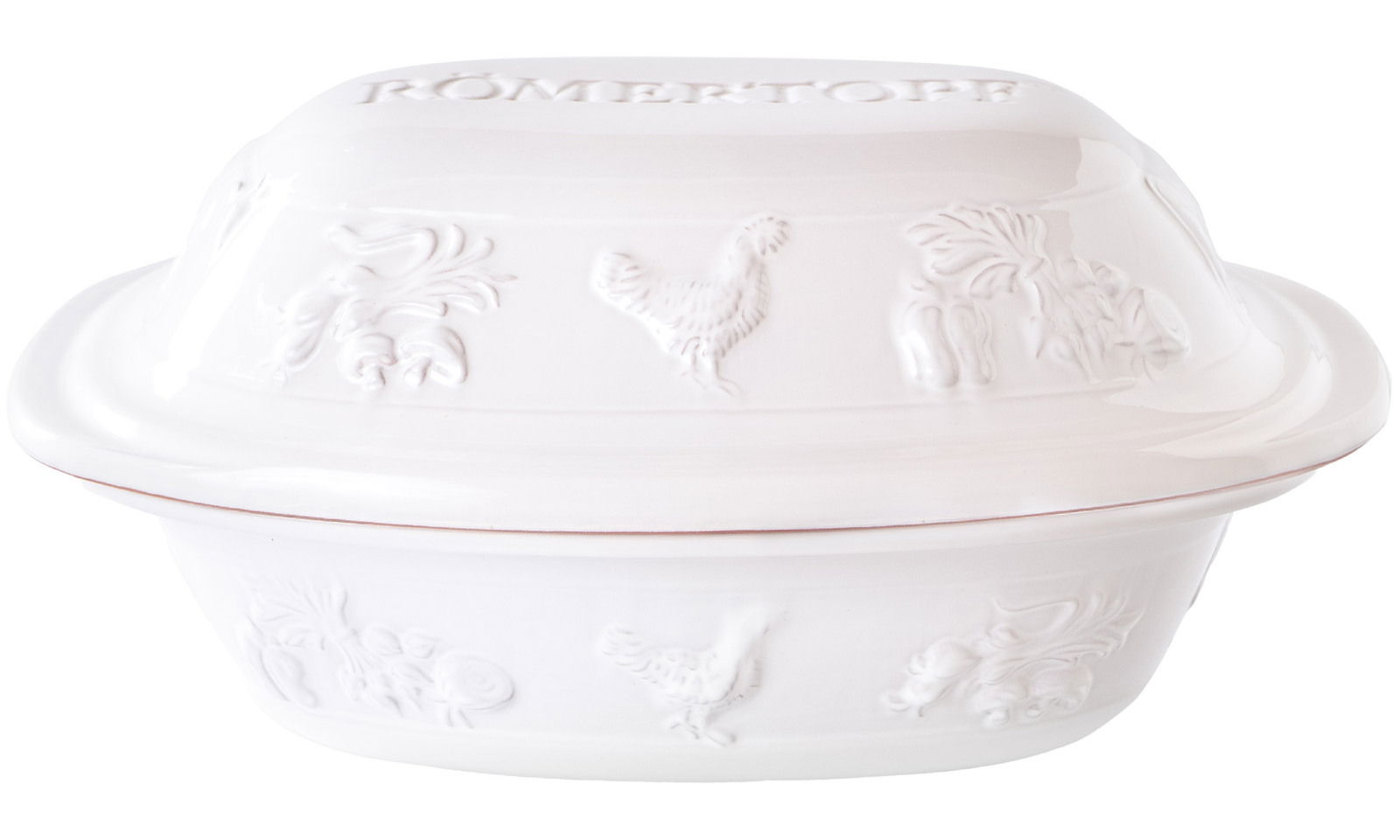 Weißer Römertopf Bräter Rustico für 4 Personen, seitliche Perspektive mit geprägten Hühner- und Gemüse-Motiven.