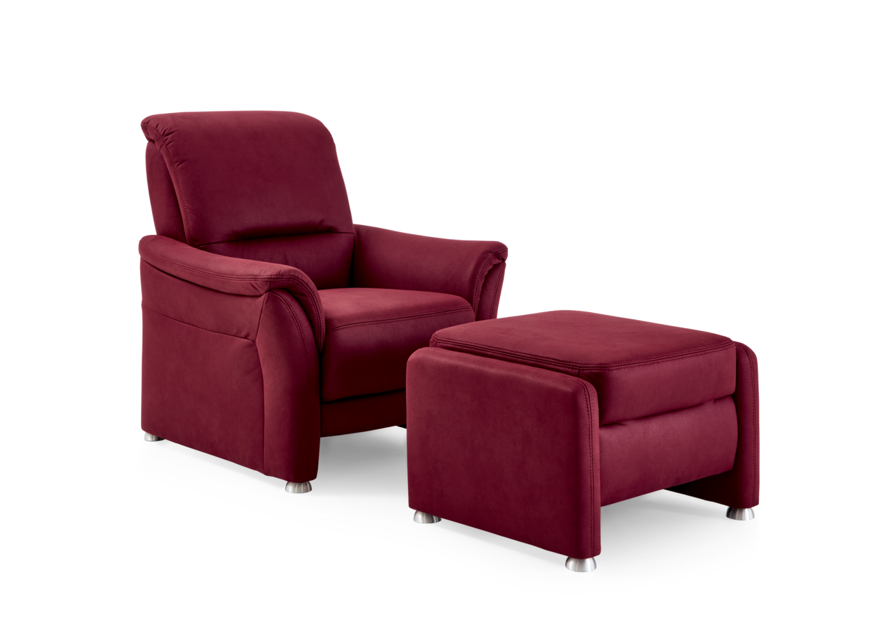 Roter Sessel mit passendem Hocker, seitliche Perspektive