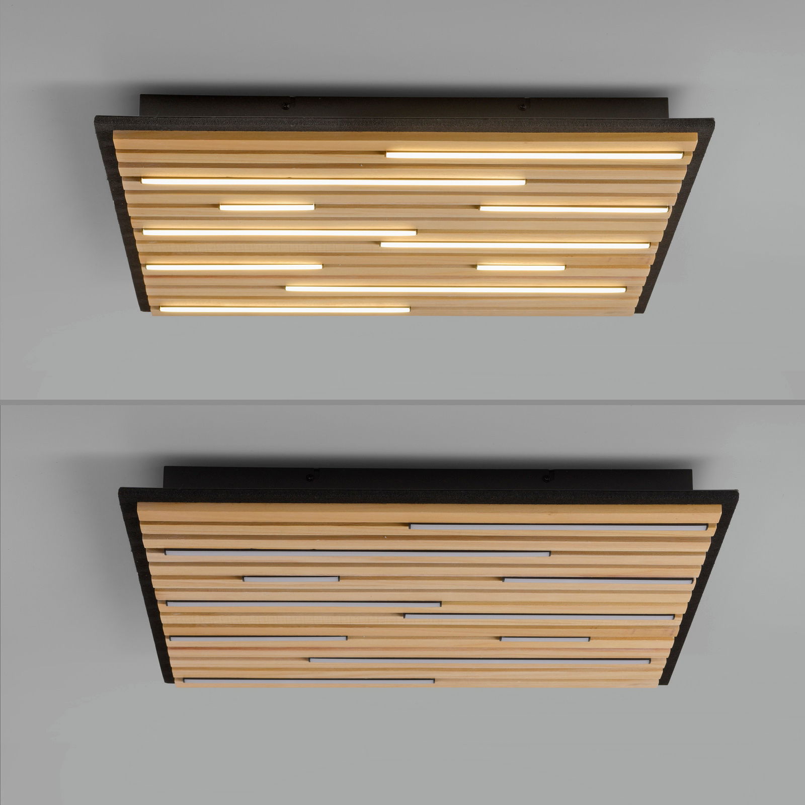 Moderne Wand- und Deckenleuchte Q-AKUS mit Holzlamellen und integrierter LED-Beleuchtung, seitliche Perspektive.