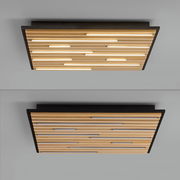 Moderne Wand- und Deckenleuchte Q-AKUS mit Holzlamellen und integrierter LED-Beleuchtung, seitliche Perspektive.