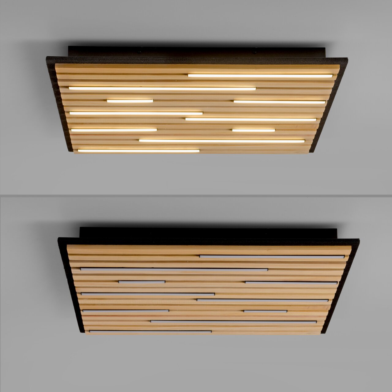 Moderne Wand- und Deckenleuchte Q-AKUS mit Holzlamellen und integrierter LED-Beleuchtung, seitliche Perspektive.