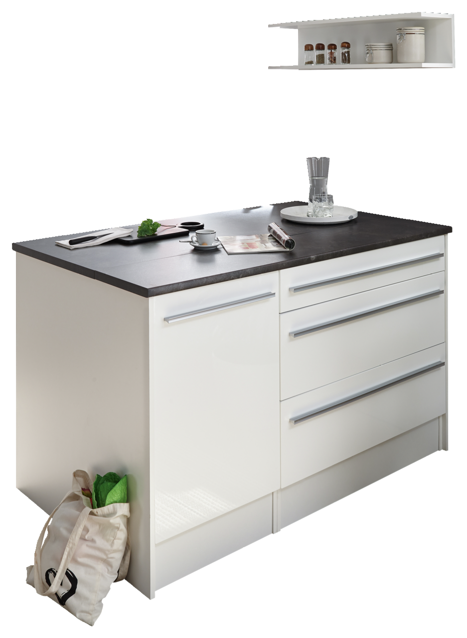 Smartkitchen Kücheninsel JAZZ Moderne Kücheninsel mit weißem Korpus und dunkler Arbeitsplatte, seitliche Perspektive. Inklusive Schubladen und dekorativen Elementen wie einer Tasse und einem Tablett.