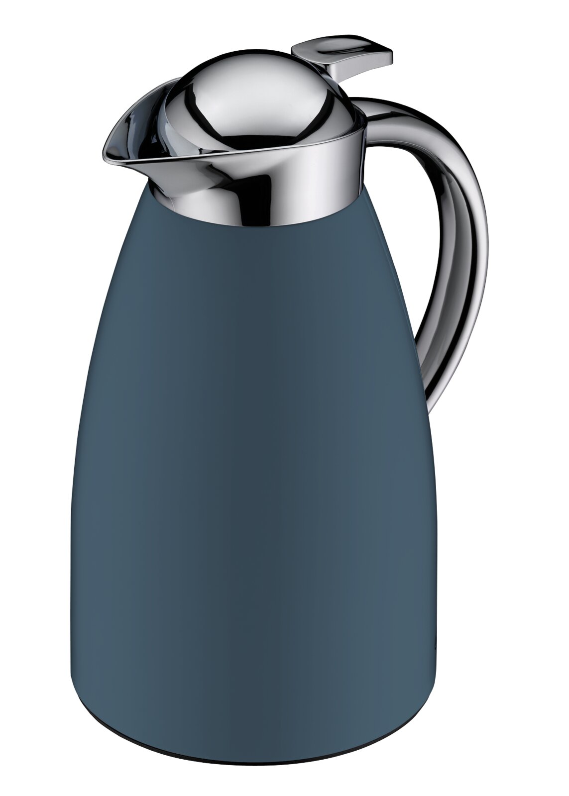 Blau-graue Isolierkanne mit glänzendem Chromdeckel und ergonomischem Griff, freigestellt vor weißem Hintergrund, schräg von vorn oben fotografiert